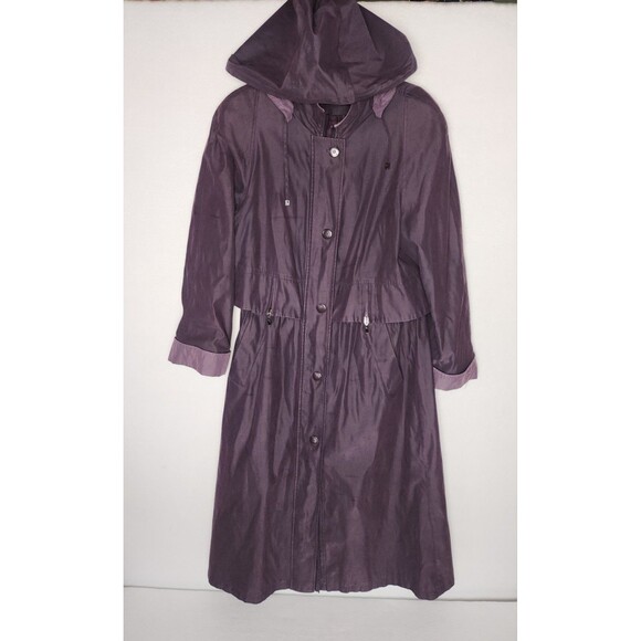 VTG Fleet Street Trench Coat Dk Purple Removable Hood Adjustable Waist Womens 12 - Picture 2 of 11